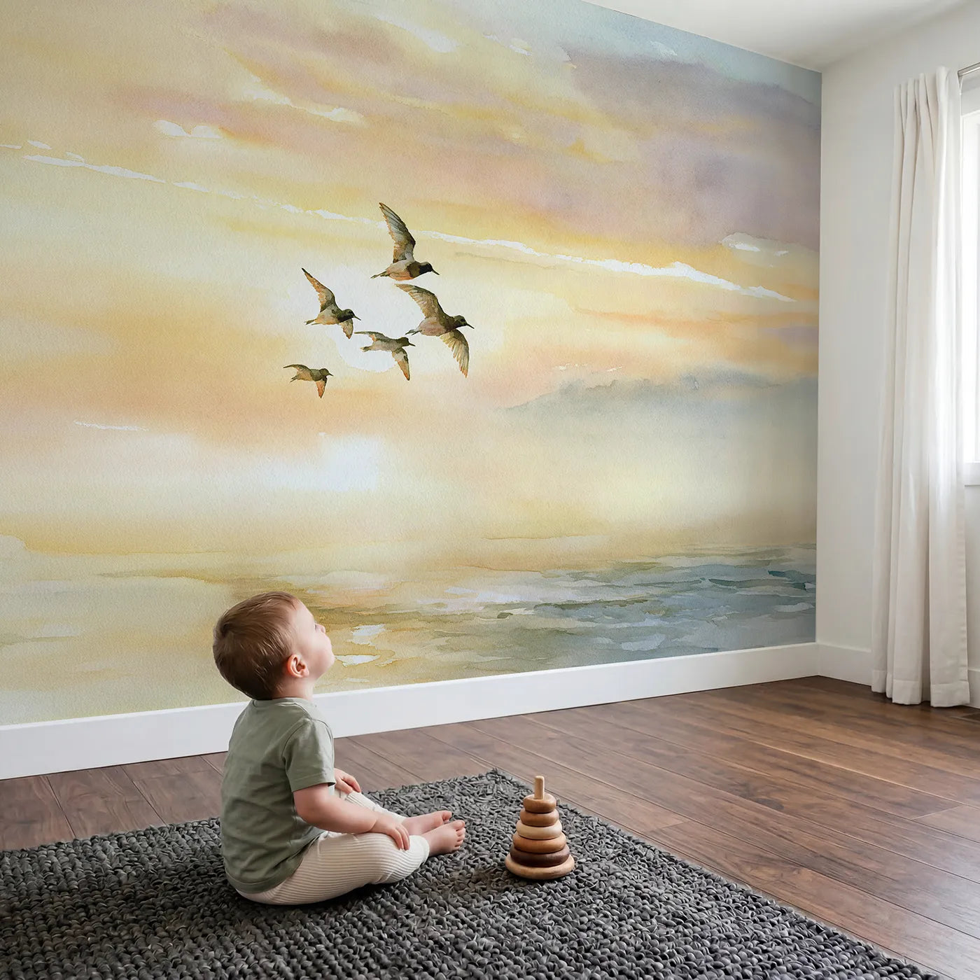 Child in nursery with Little Bird Flight Wallpaper Mural by Whimsy Tots