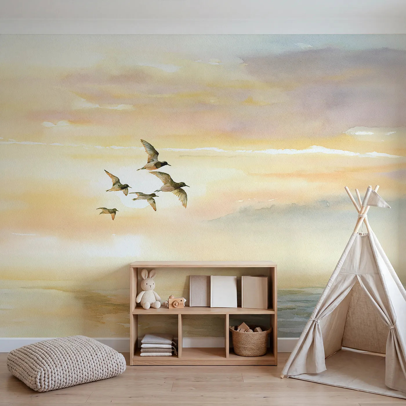 Little Bird Flight Wallpaper Mural in playroom setting by Whimsy Tots
