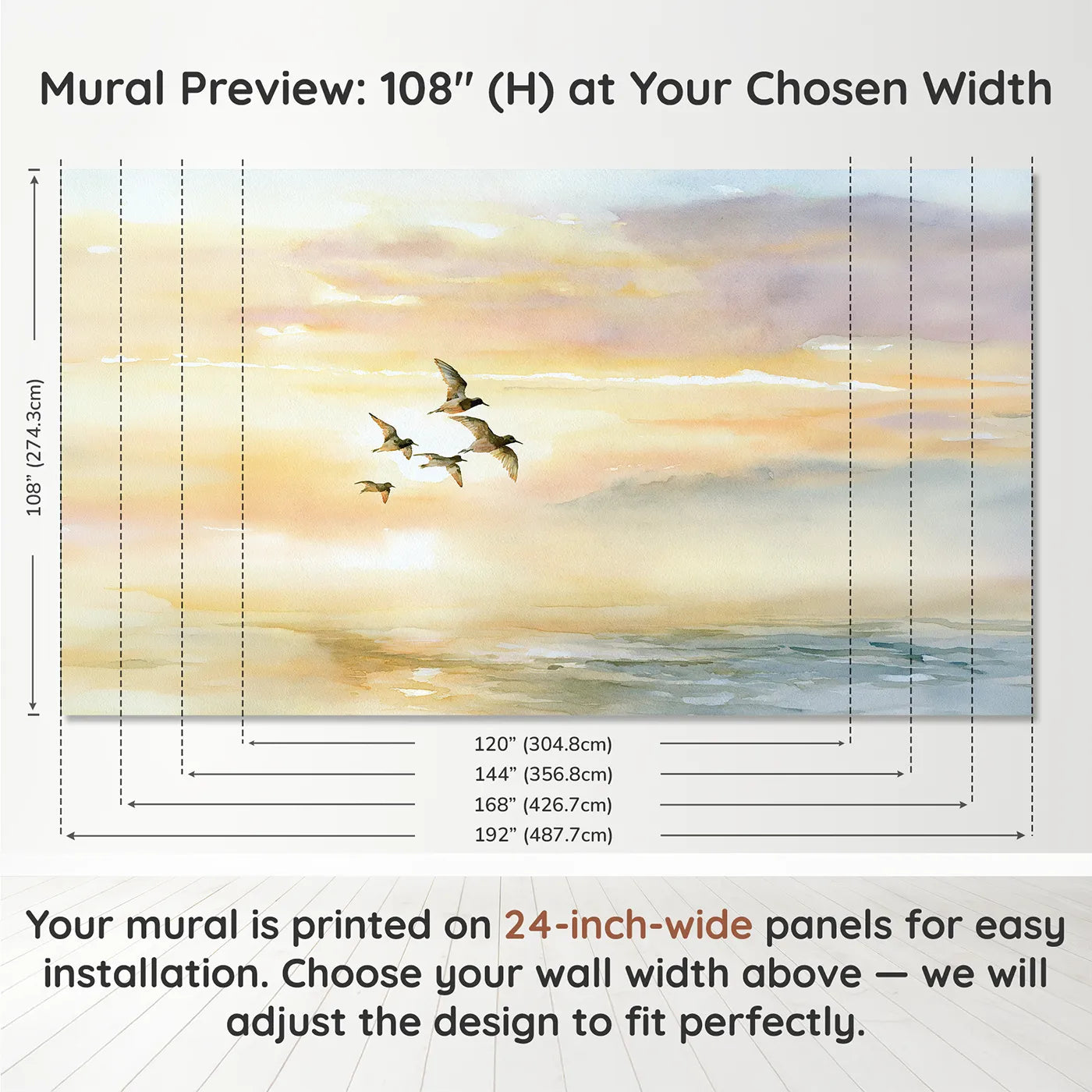 Panel layout and dimensions for Little Bird Flight Wallpaper Mural by Whimsy Tots