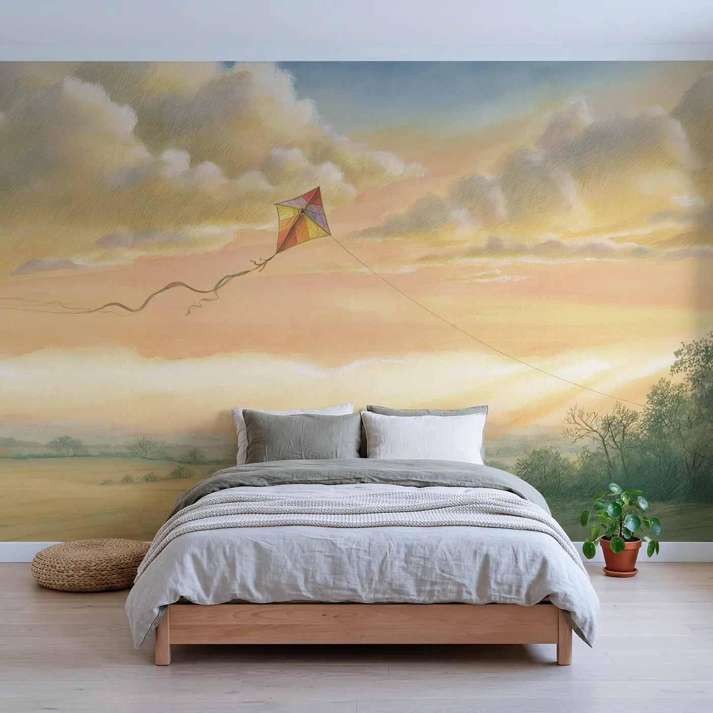 Storybook wall mural of a breezy kite adventure by Whimsy Tots