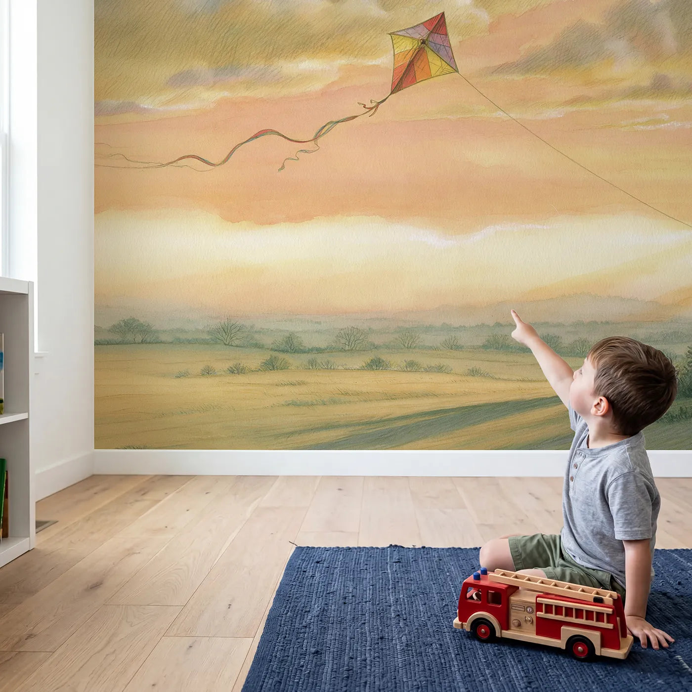 Child in nursery with Kite Adventure Day Wallpaper Mural by Whimsy Tots