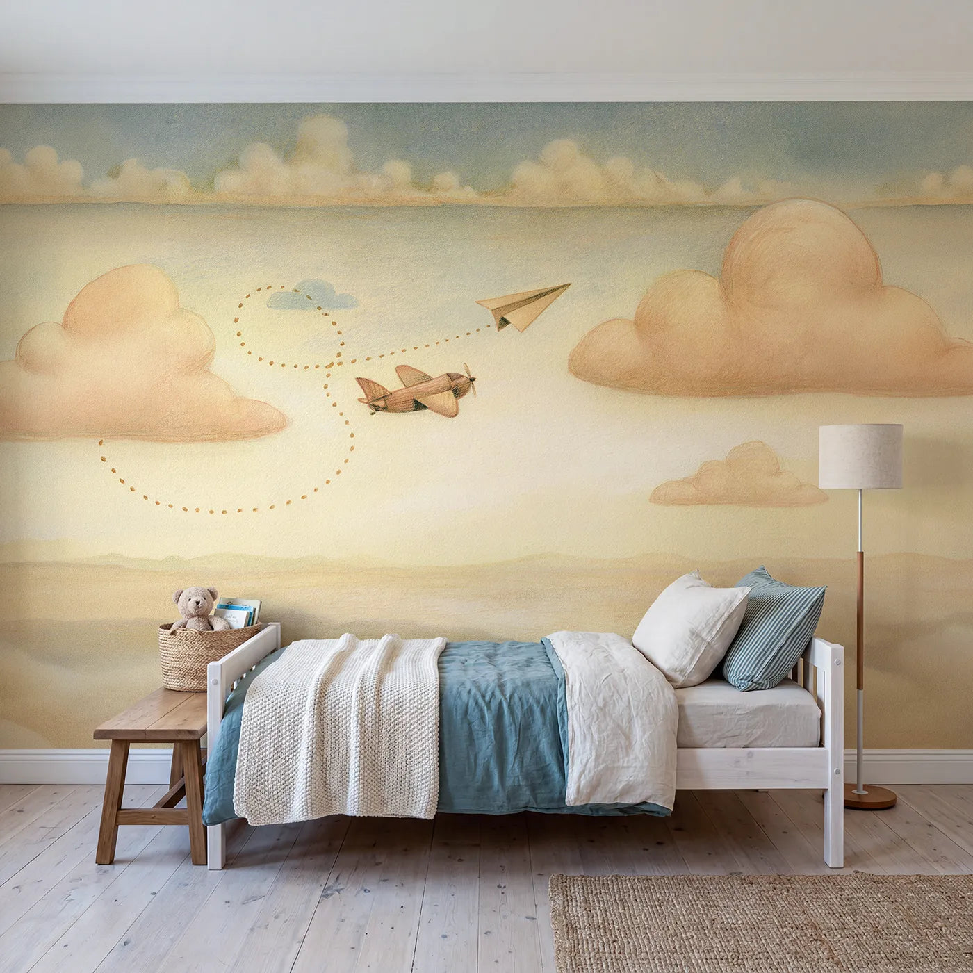 Storybook wall mural of a paper plane dream journey by Whimsy Tots