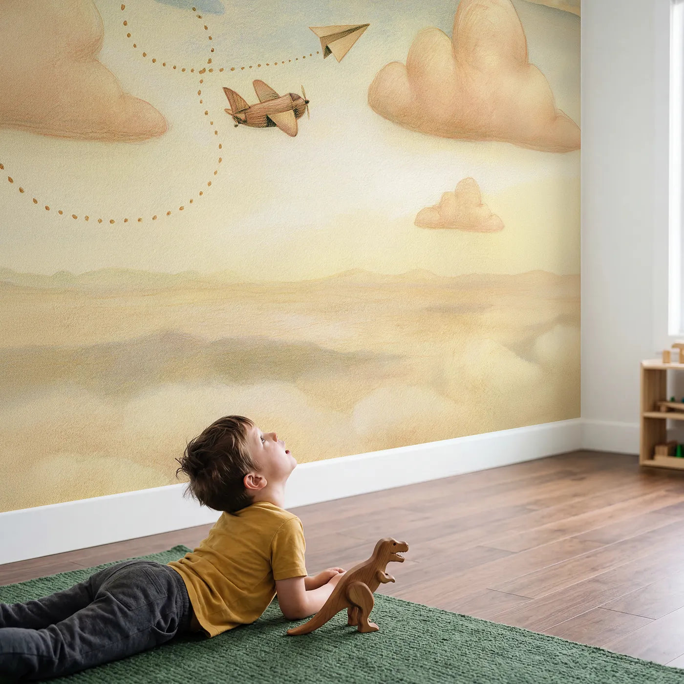 Child in nursery with Paper Plane Journey Wallpaper Mural by Whimsy Tots