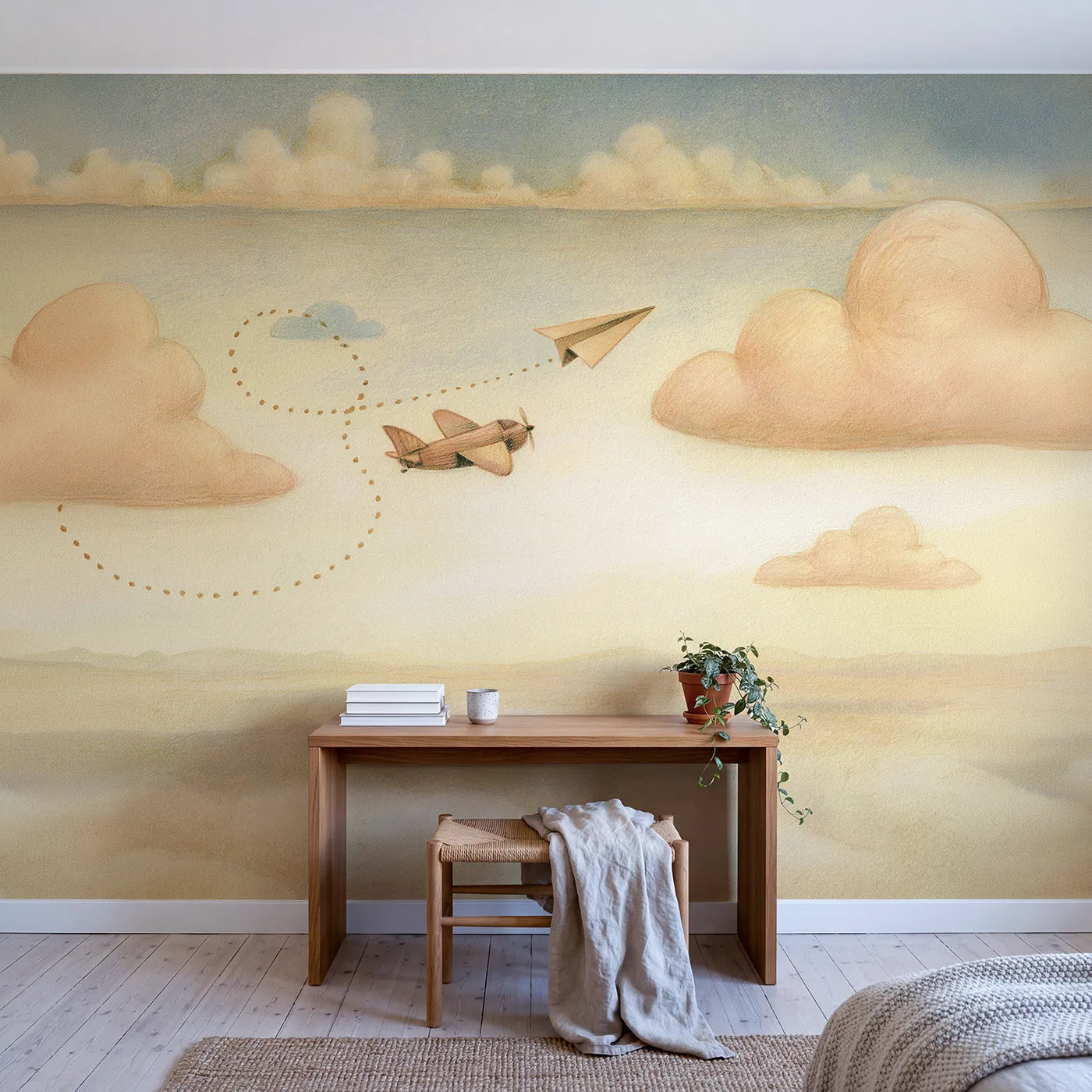Paper Plane Journey Wallpaper Mural in playroom setting by Whimsy Tots