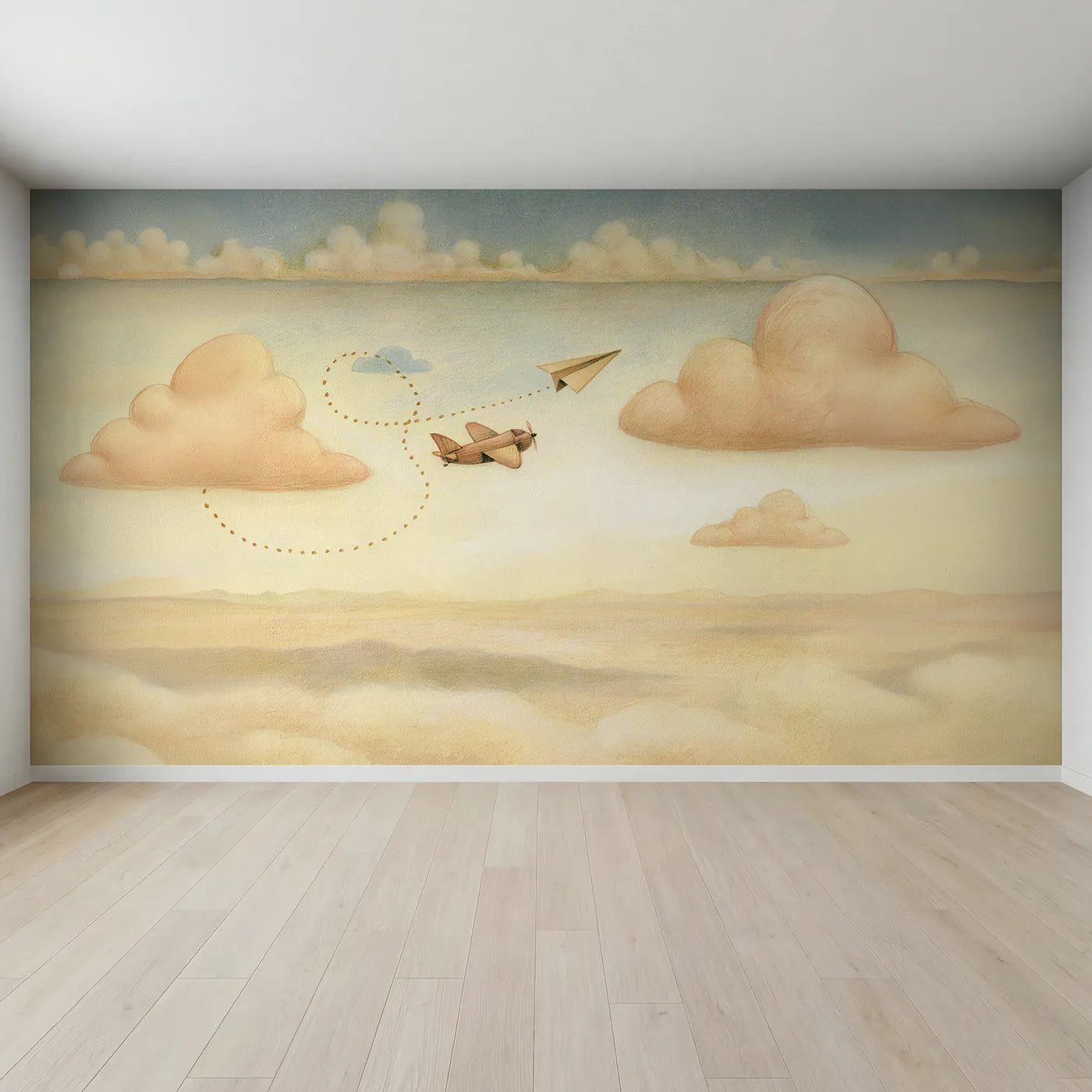 Full view of Paper Plane Journey Wallpaper Mural by Whimsy Tots