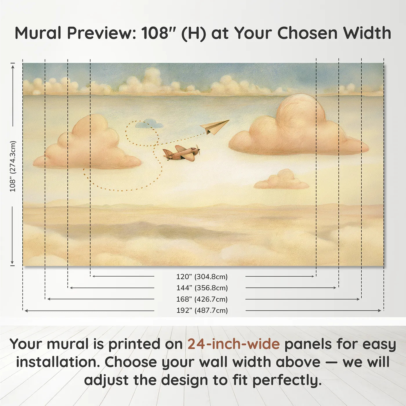 Panel layout and dimensions for Paper Plane Journey Wallpaper Mural by Whimsy Tots