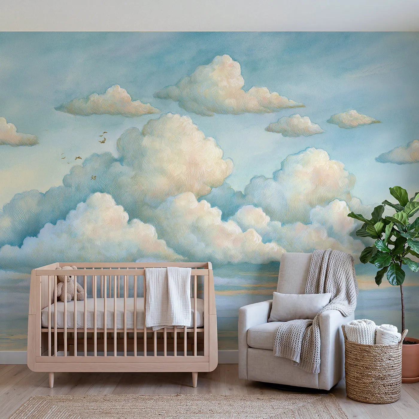 Storybook wall mural of happy-face bubbles drifting by Whimsy Tots