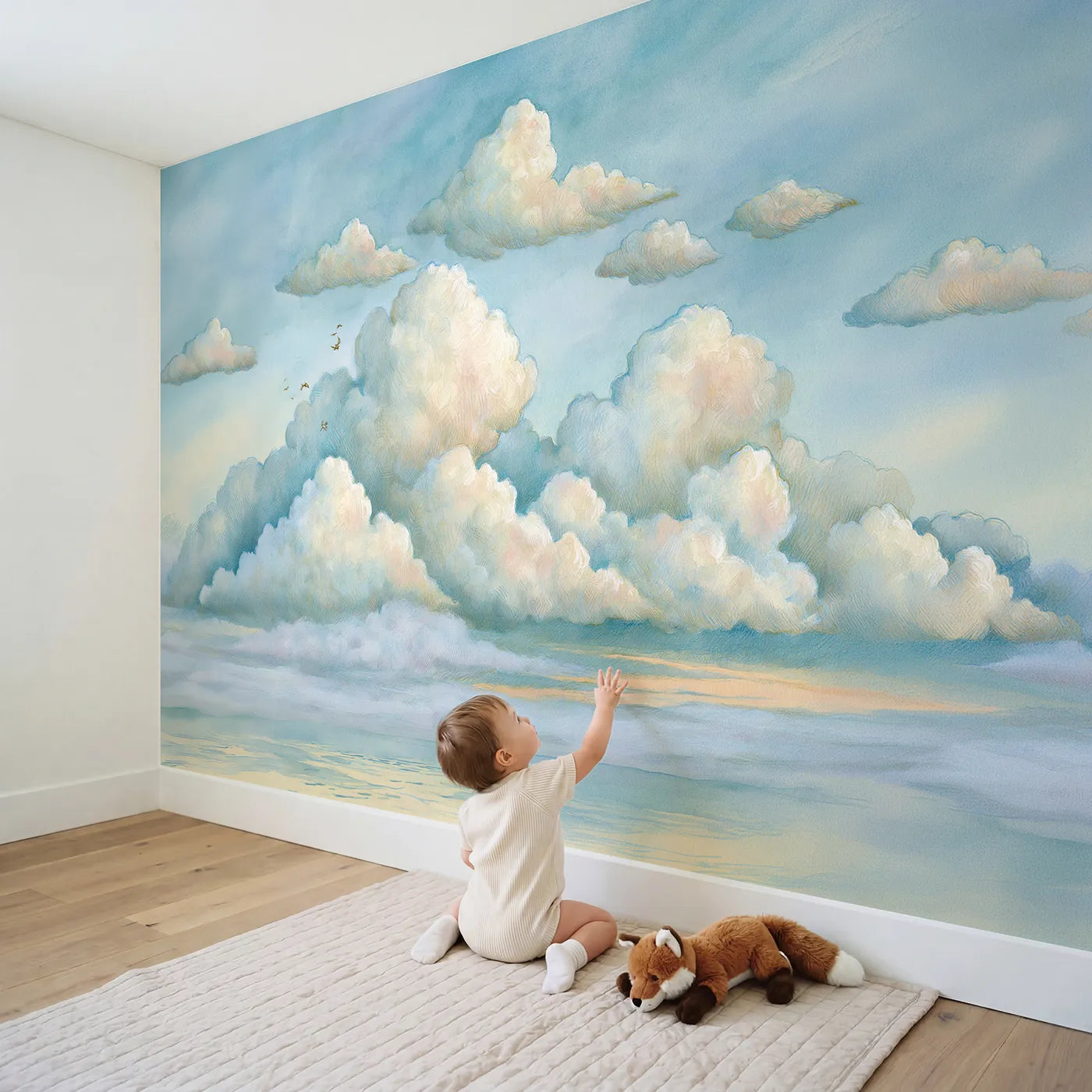 Child in nursery with Morning Cumulus Drift Wallpaper Mural by Whimsy Tots