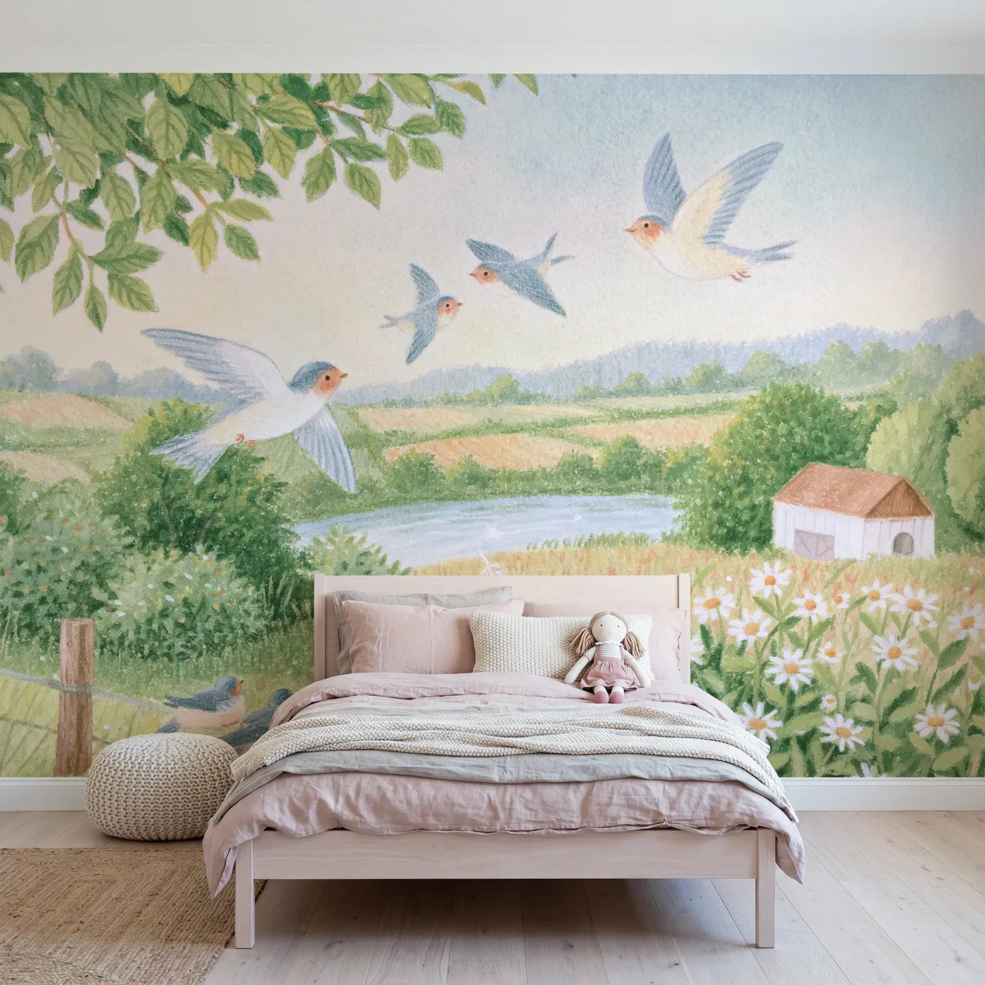 Colored Pencil swallow leading fledglings through a turn, mural for a toddler room by Whimsy Tots