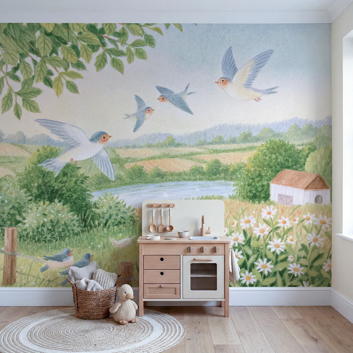 The Swallow Flight School Wallpaper Mural in playroom setting by Whimsy Tots