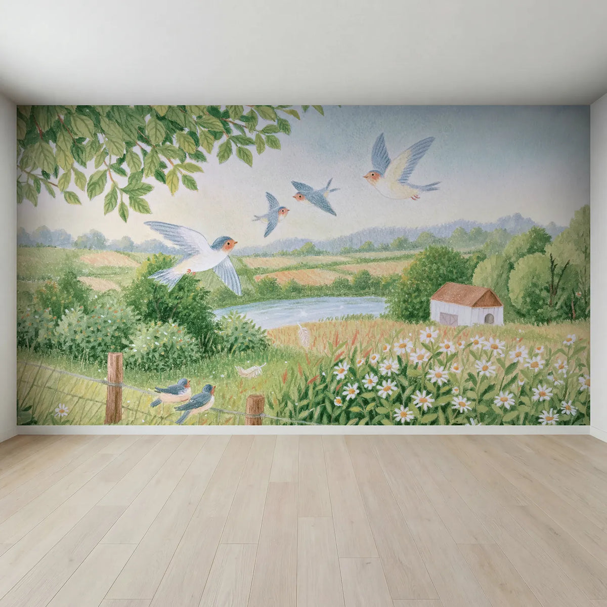 Full view of The Swallow Flight School Wallpaper Mural by Whimsy Tots