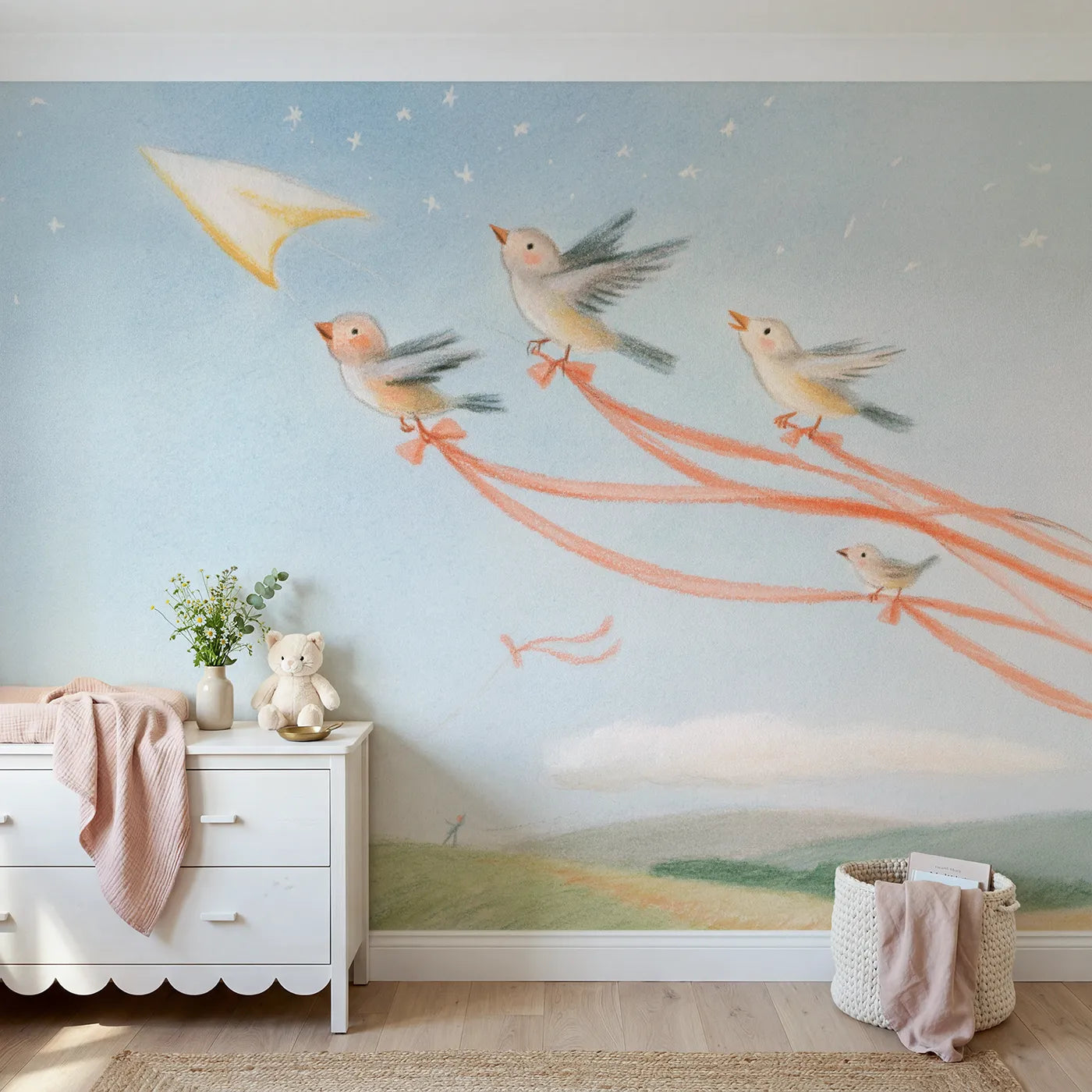 Colored Pencil songbirds riding a kite ribbon tail, mural for a playroom by Whimsy Tots