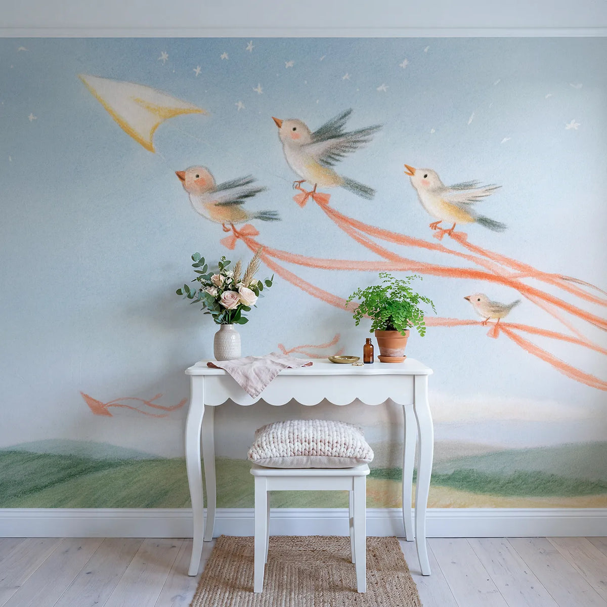 Riding the Kite Tails Wallpaper Mural in playroom setting by Whimsy Tots