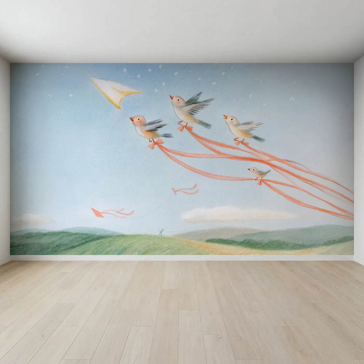 Full view of Riding the Kite Tails Wallpaper Mural by Whimsy Tots