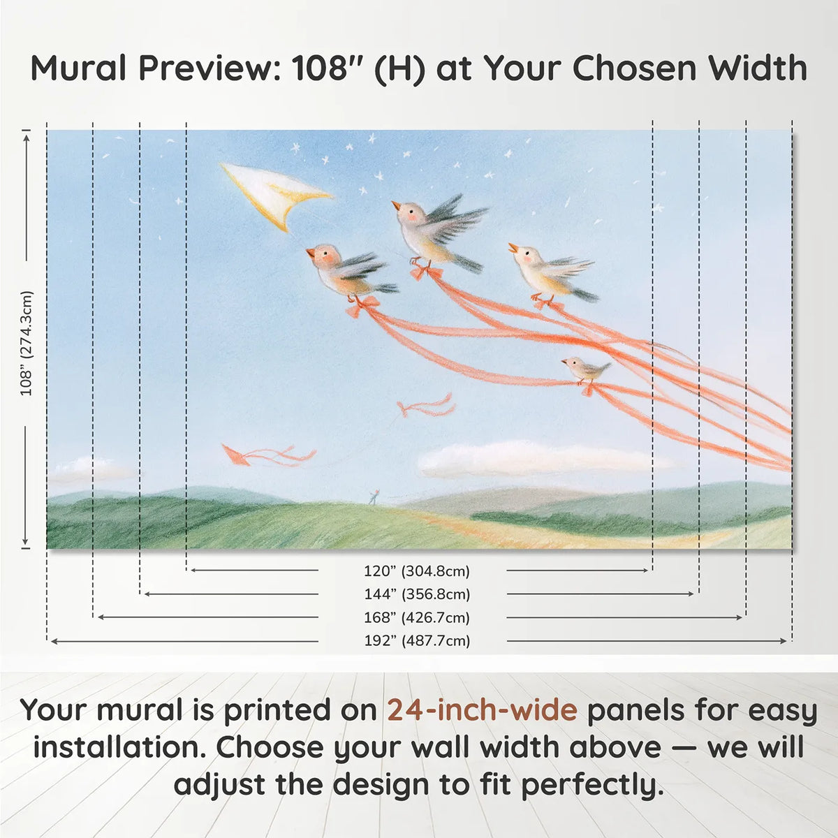 Panel layout and dimensions for Riding the Kite Tails Wallpaper Mural by Whimsy Tots