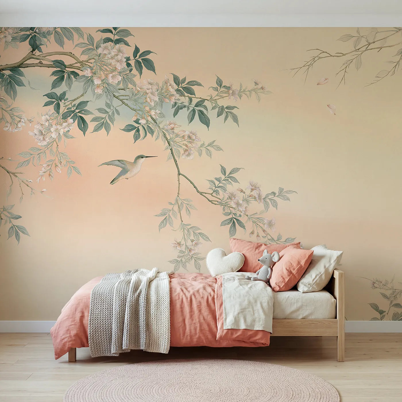 Chinoiserie wall mural of a hummingbird at a vine by Whimsy Tots