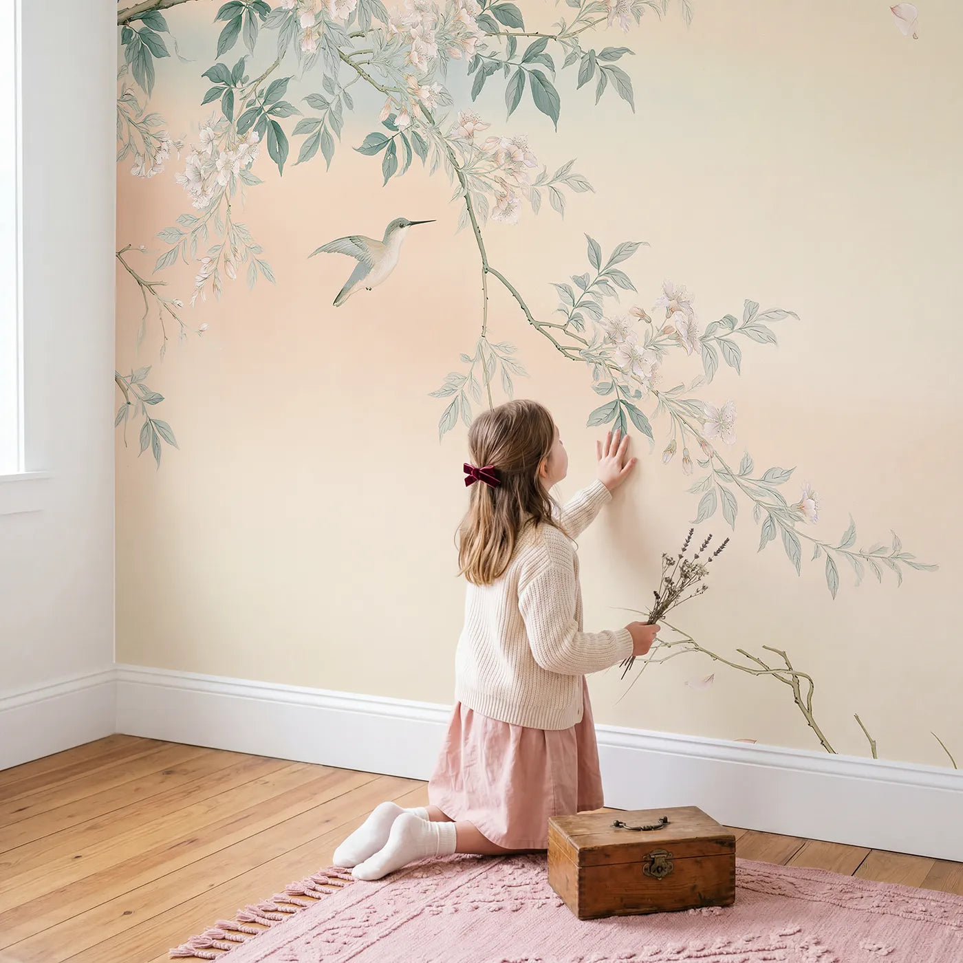 Child in nursery with Hummingbird Vine Sky Wallpaper Mural by Whimsy Tots