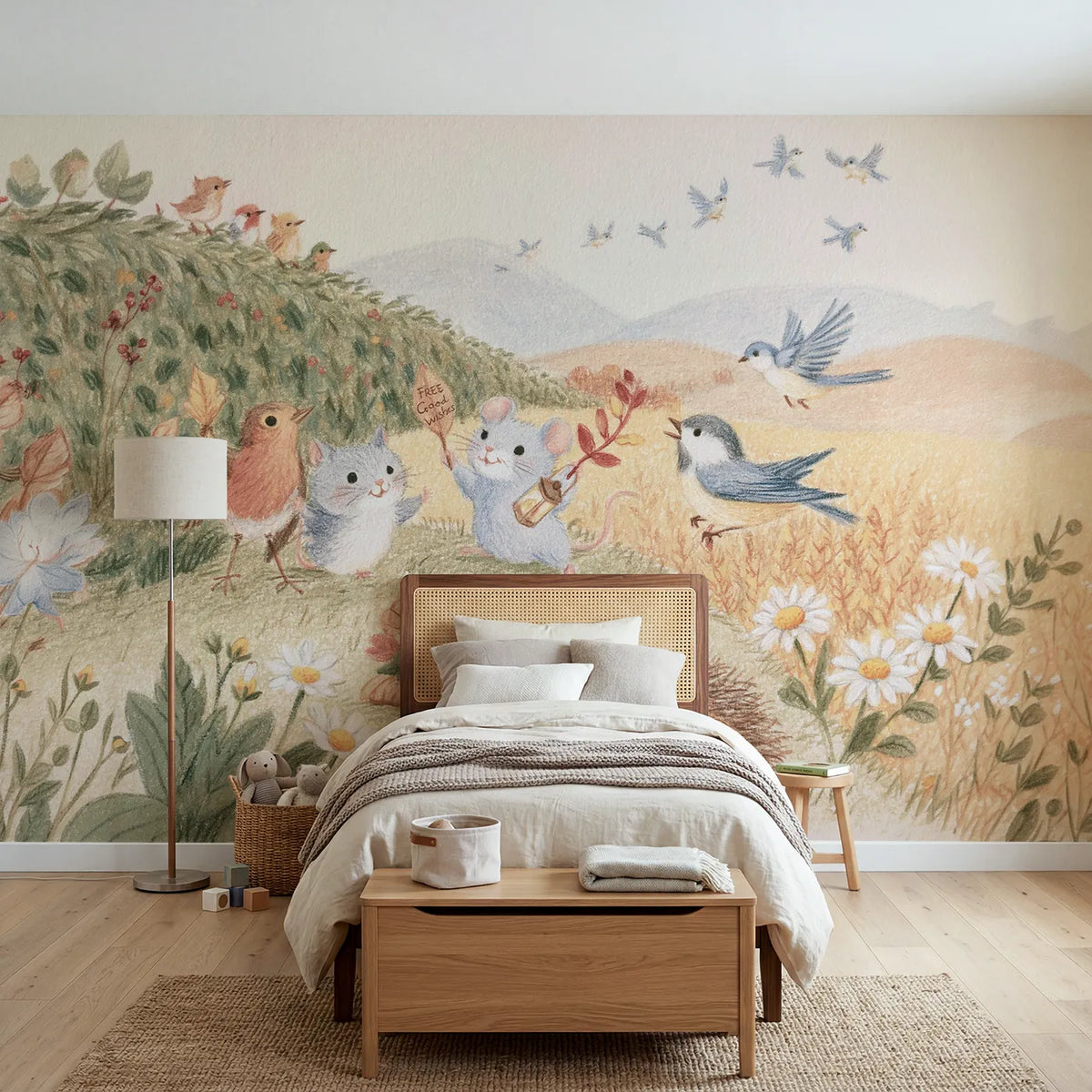 Colored Pencil birds waving off the autumn migration, mural for a shared kids room by Whimsy Tots
