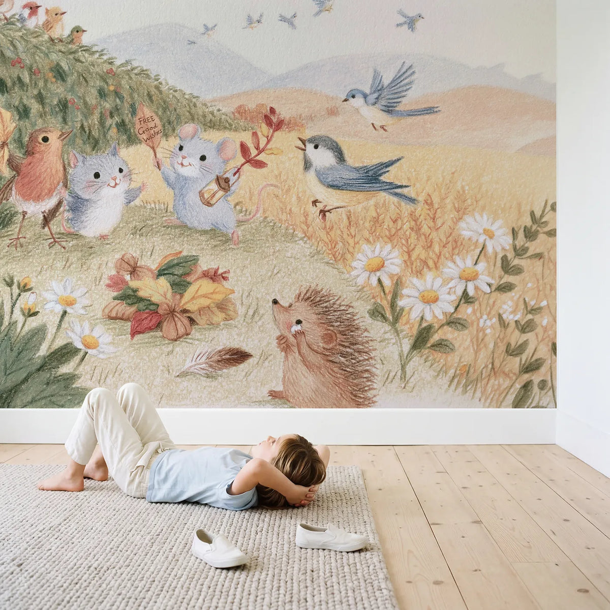 Child in nursery with The Migration Send-Off Wallpaper Mural by Whimsy Tots