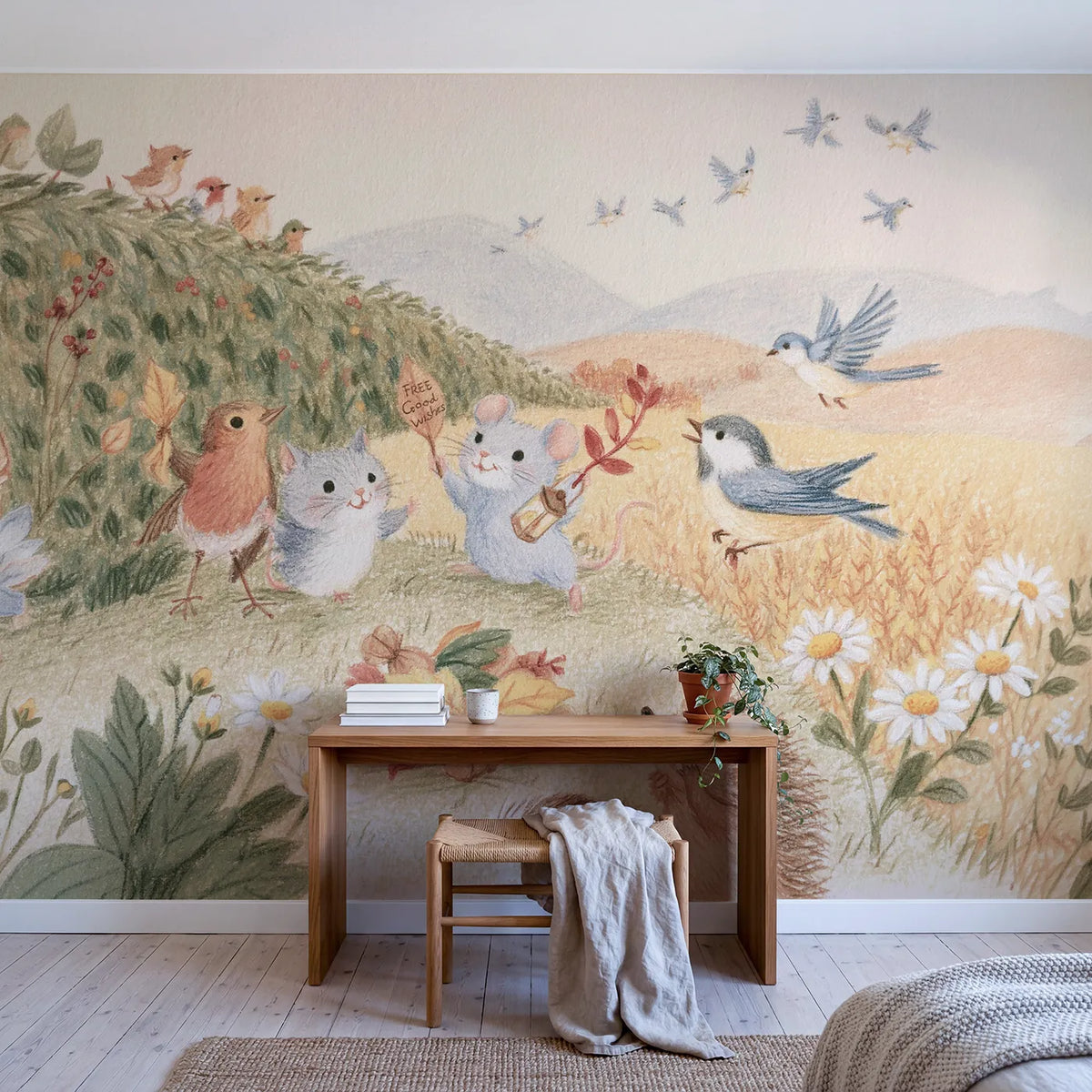 The Migration Send-Off Wallpaper Mural in playroom setting by Whimsy Tots