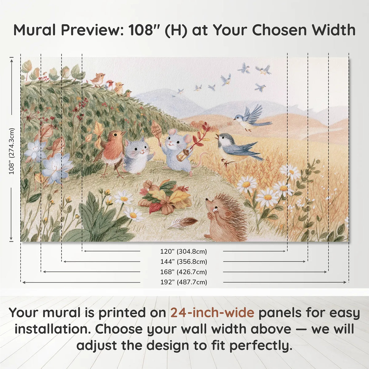 Panel layout and dimensions for The Migration Send-Off Wallpaper Mural by Whimsy Tots