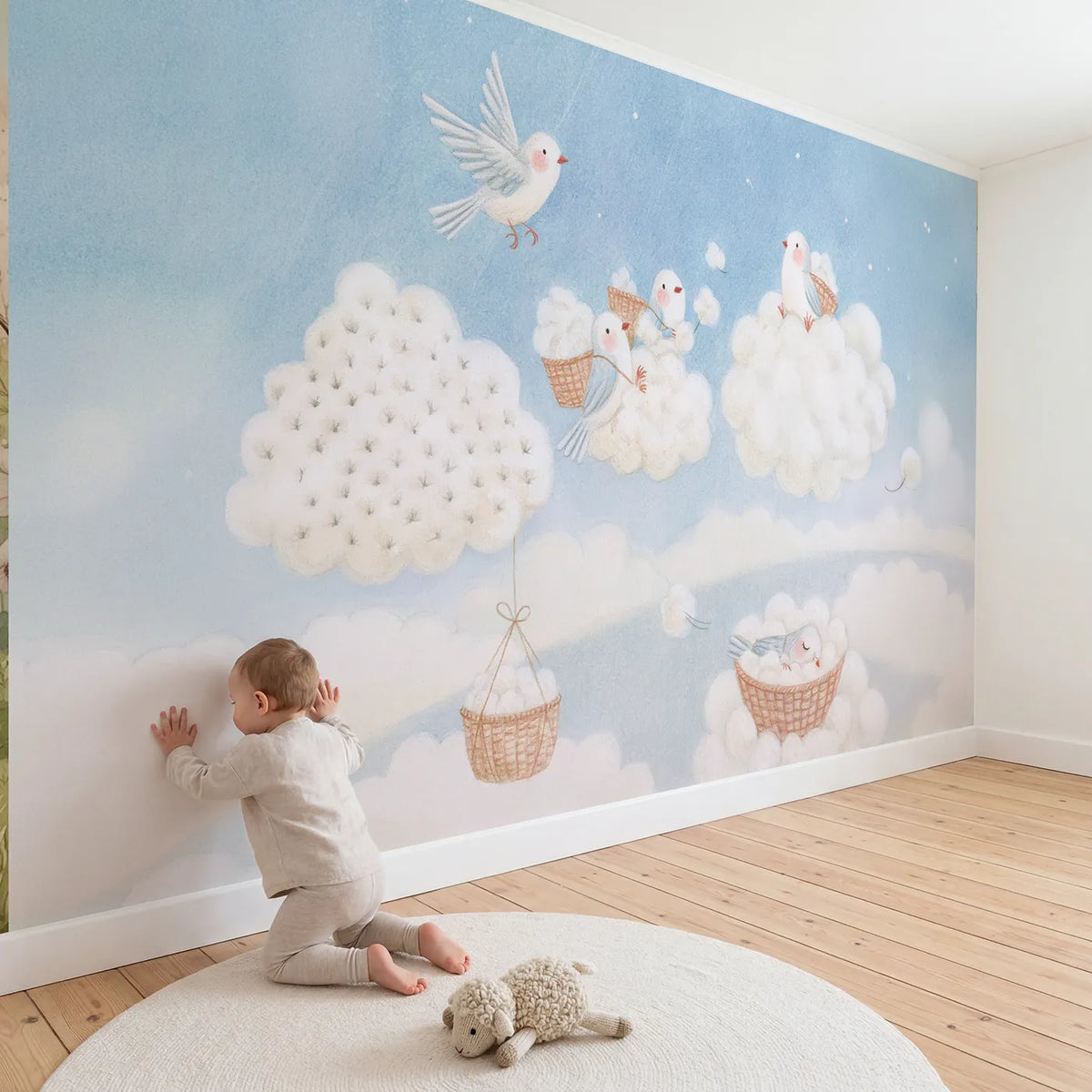 Child in nursery with The Cloud Cotton Harvest Wallpaper Mural by Whimsy Tots