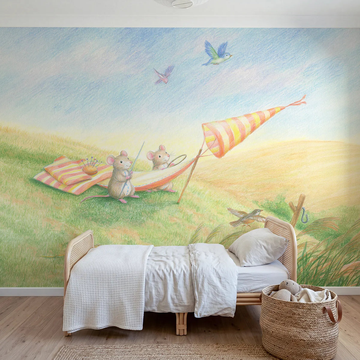 Colored Pencil mice sewing a striped windsock on a hill, mural for a big-kid bedroom by Whimsy Tots