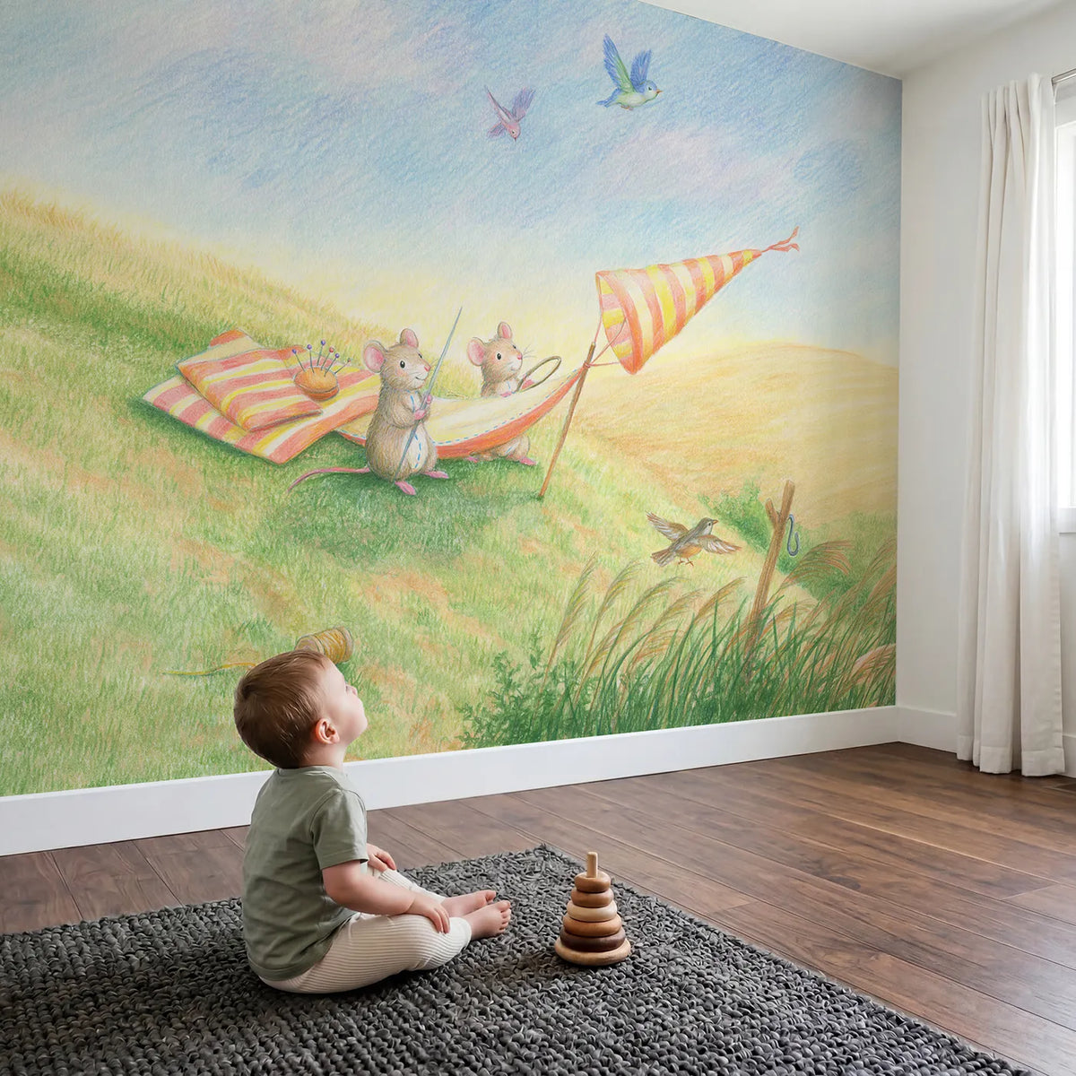 Child in nursery with The Windsock Makers Wallpaper Mural by Whimsy Tots