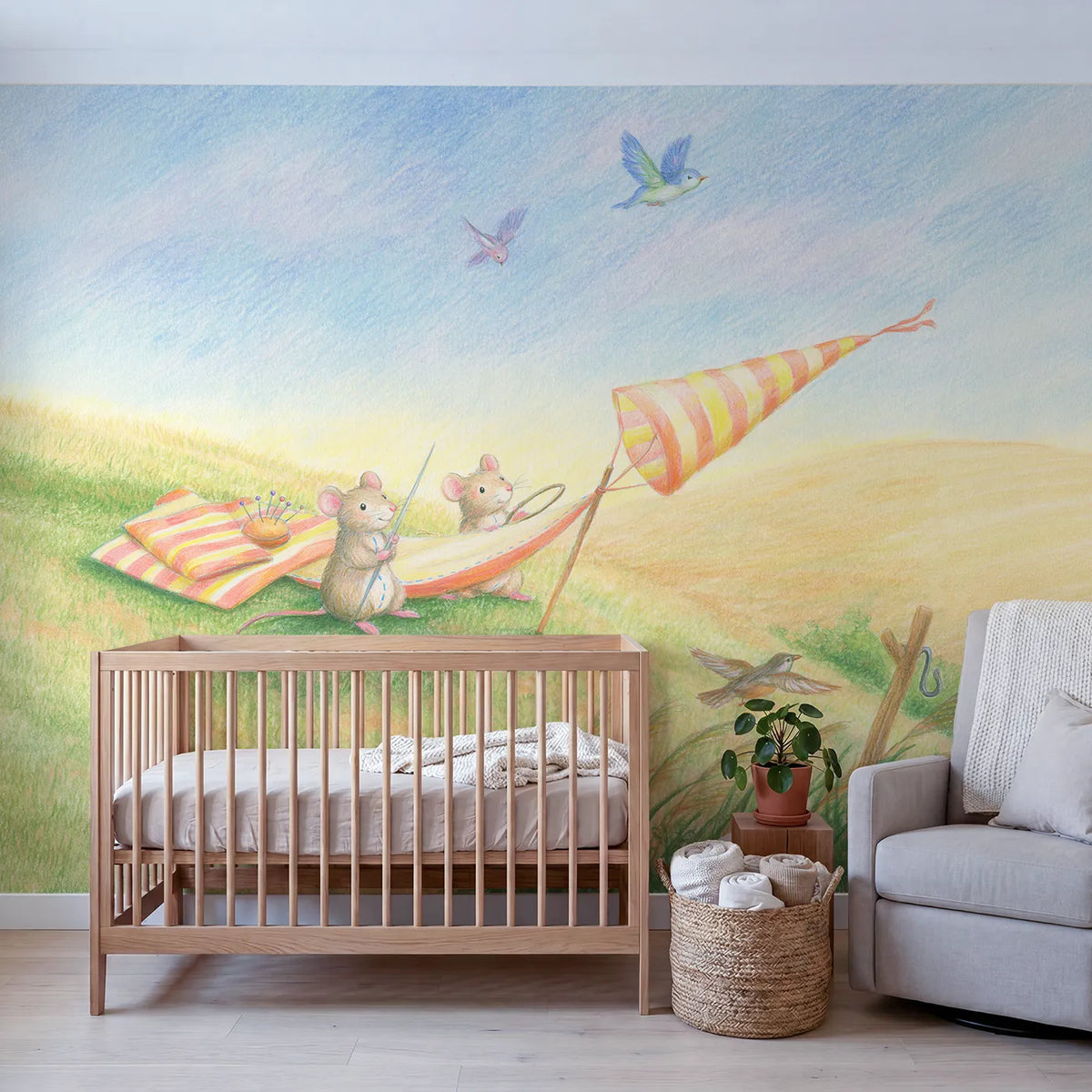 The Windsock Makers Wallpaper Mural in playroom setting by Whimsy Tots