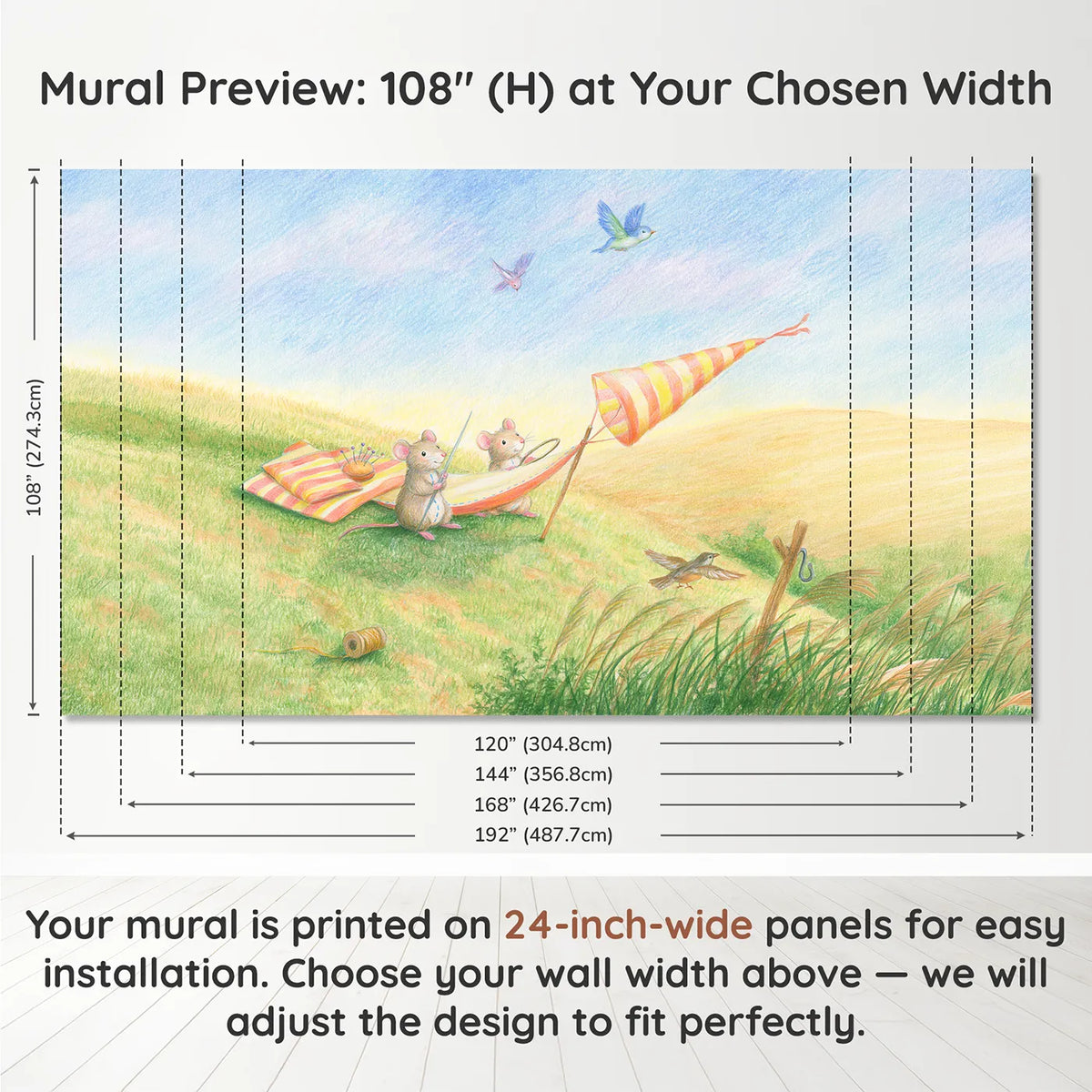 Panel layout and dimensions for The Windsock Makers Wallpaper Mural by Whimsy Tots
