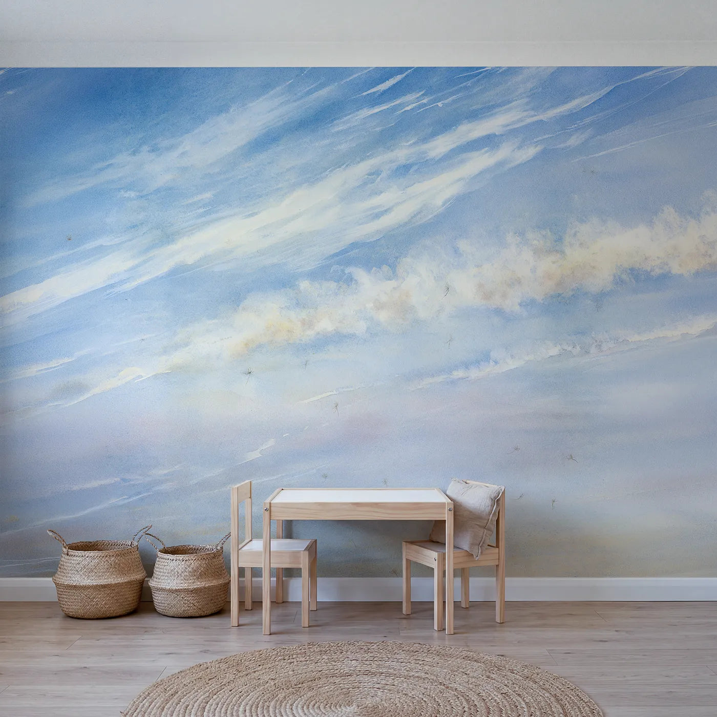 Watercolor wall mural of soft haze in calm layers by Whimsy Tots