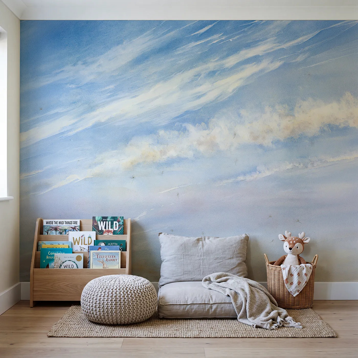 Midday Cirrus Wisps Sky Wallpaper Mural in playroom setting by Whimsy Tots