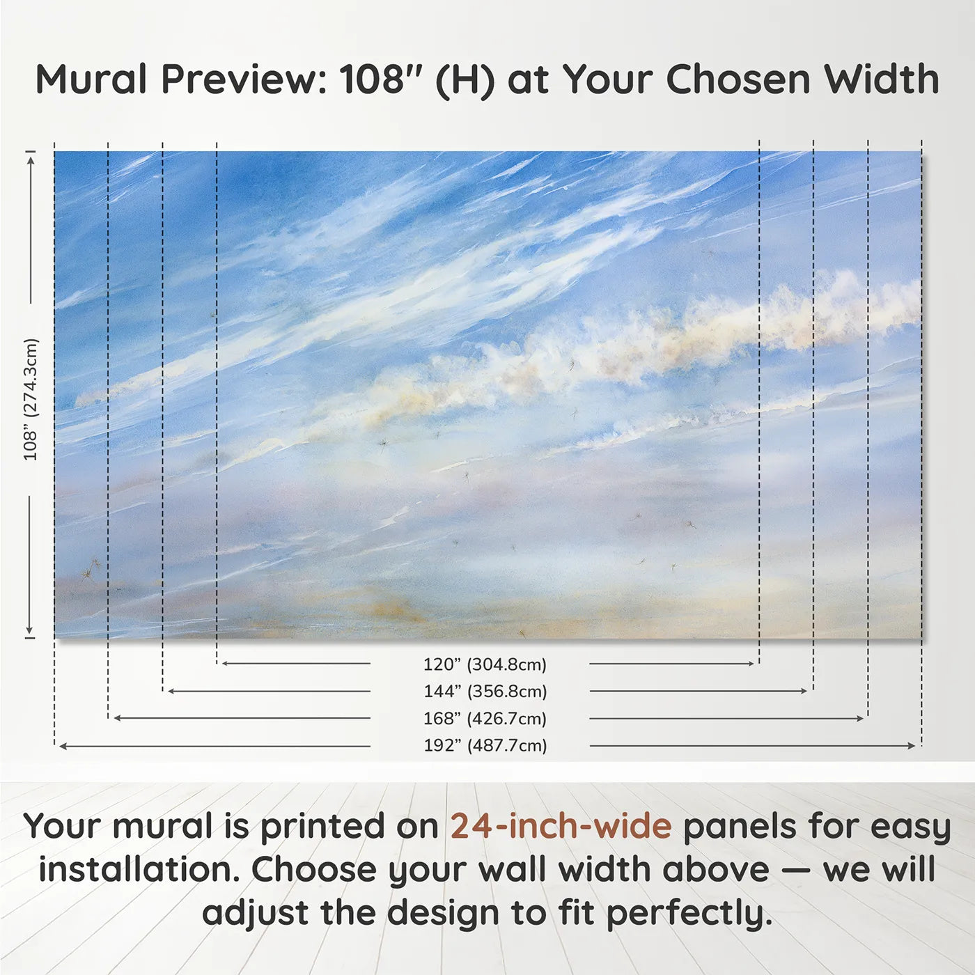 Panel layout and dimensions for Midday Cirrus Wisps Sky Wallpaper Mural by Whimsy Tots