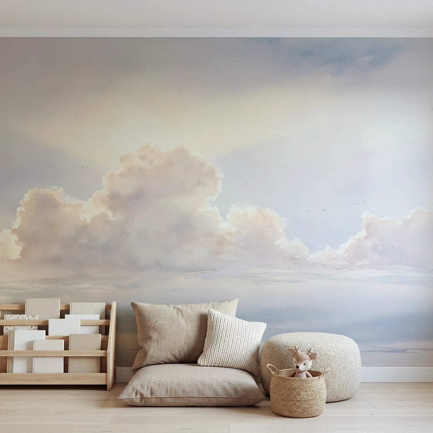 Watercolor wall mural of tender morning glow rising by Whimsy Tots