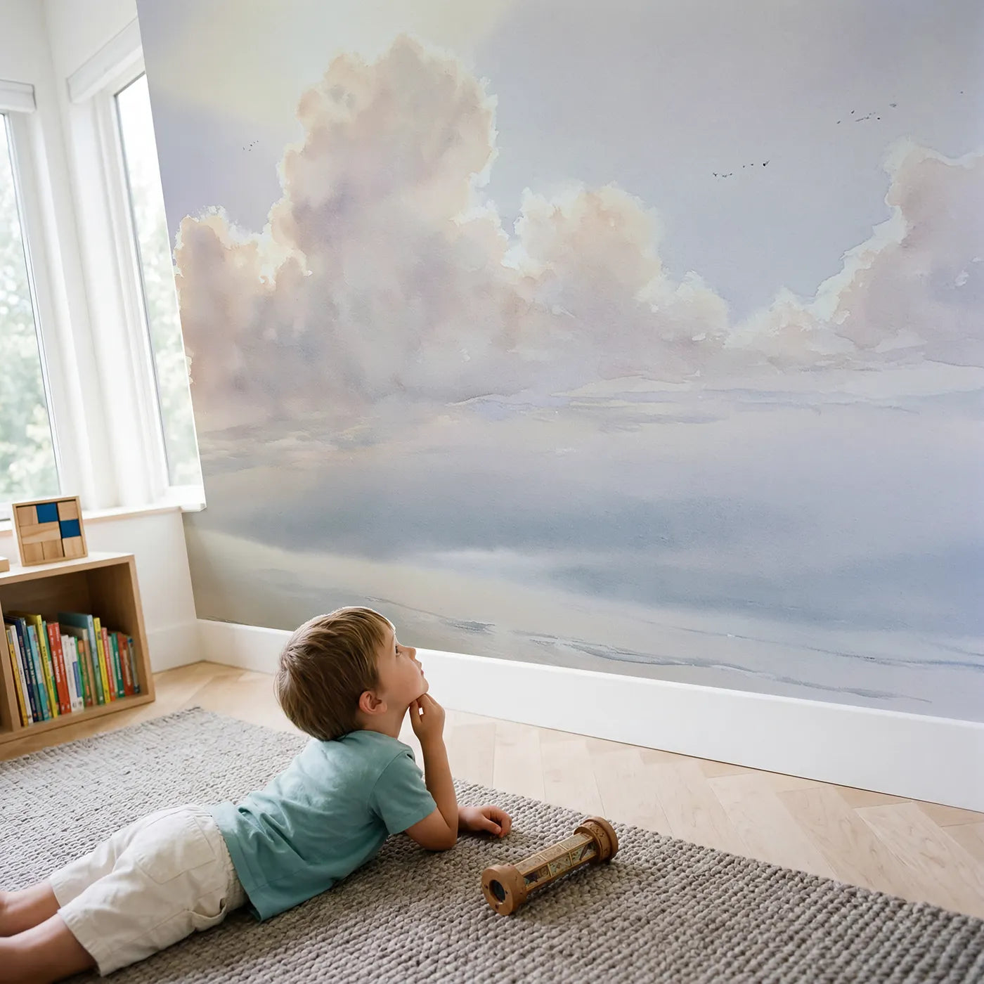 Child in nursery with Sky Midday Cotton Puffs Wallpaper Mural by Whimsy Tots