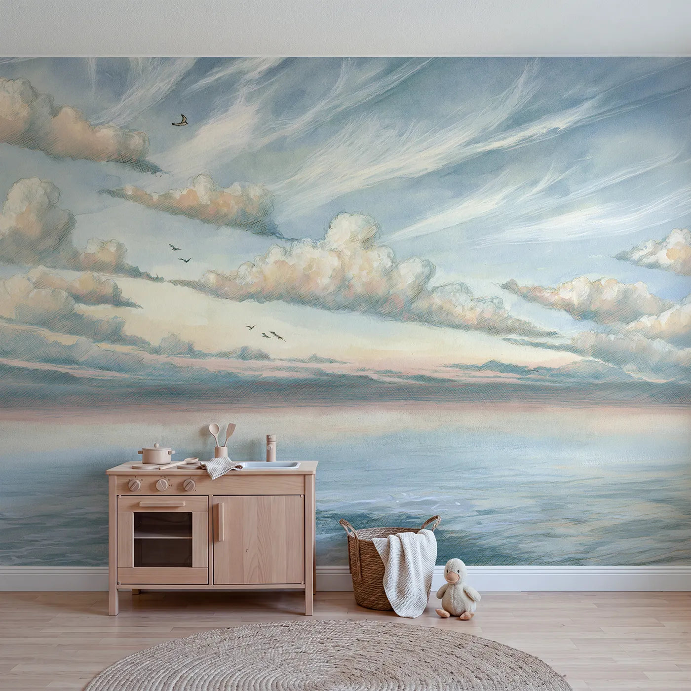Storybook wall mural of a sleepy cloud at bedtime by Whimsy Tots