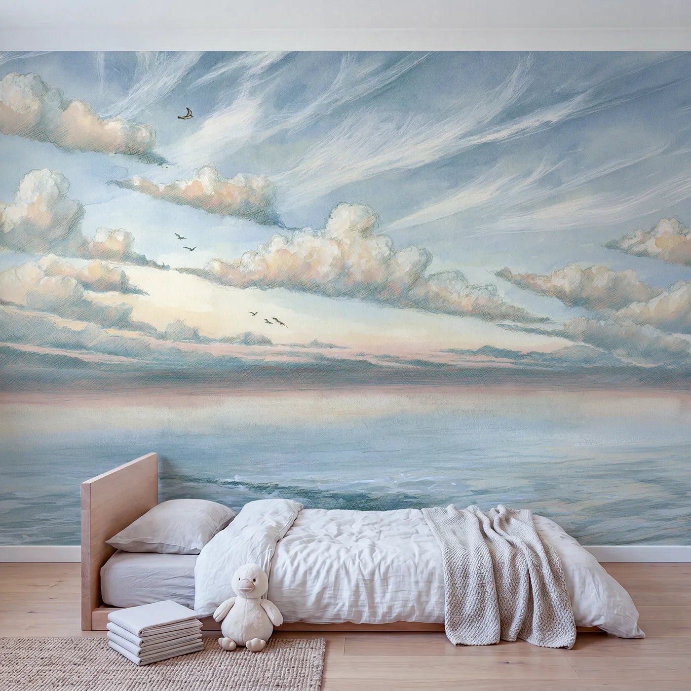 Morning Cirrus Wisps Sky Wallpaper Mural in playroom setting by Whimsy Tots