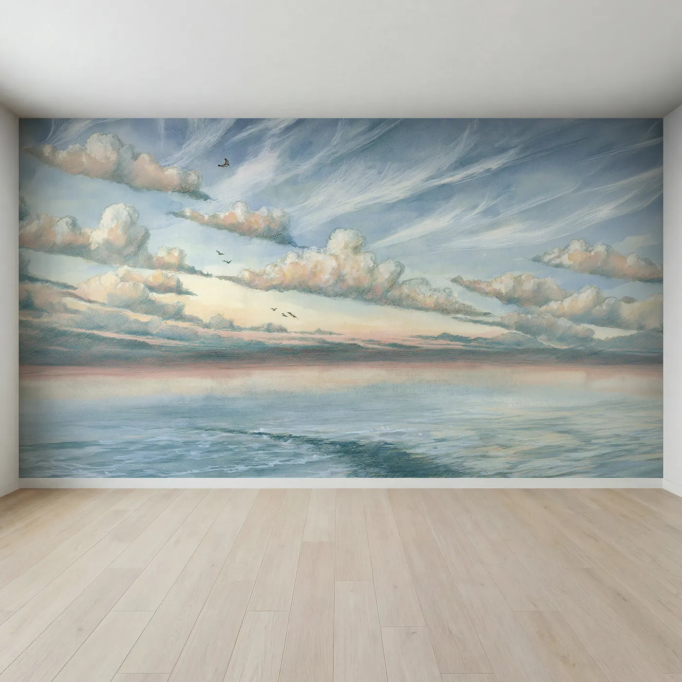 Full view of Morning Cirrus Wisps Sky Wallpaper Mural by Whimsy Tots