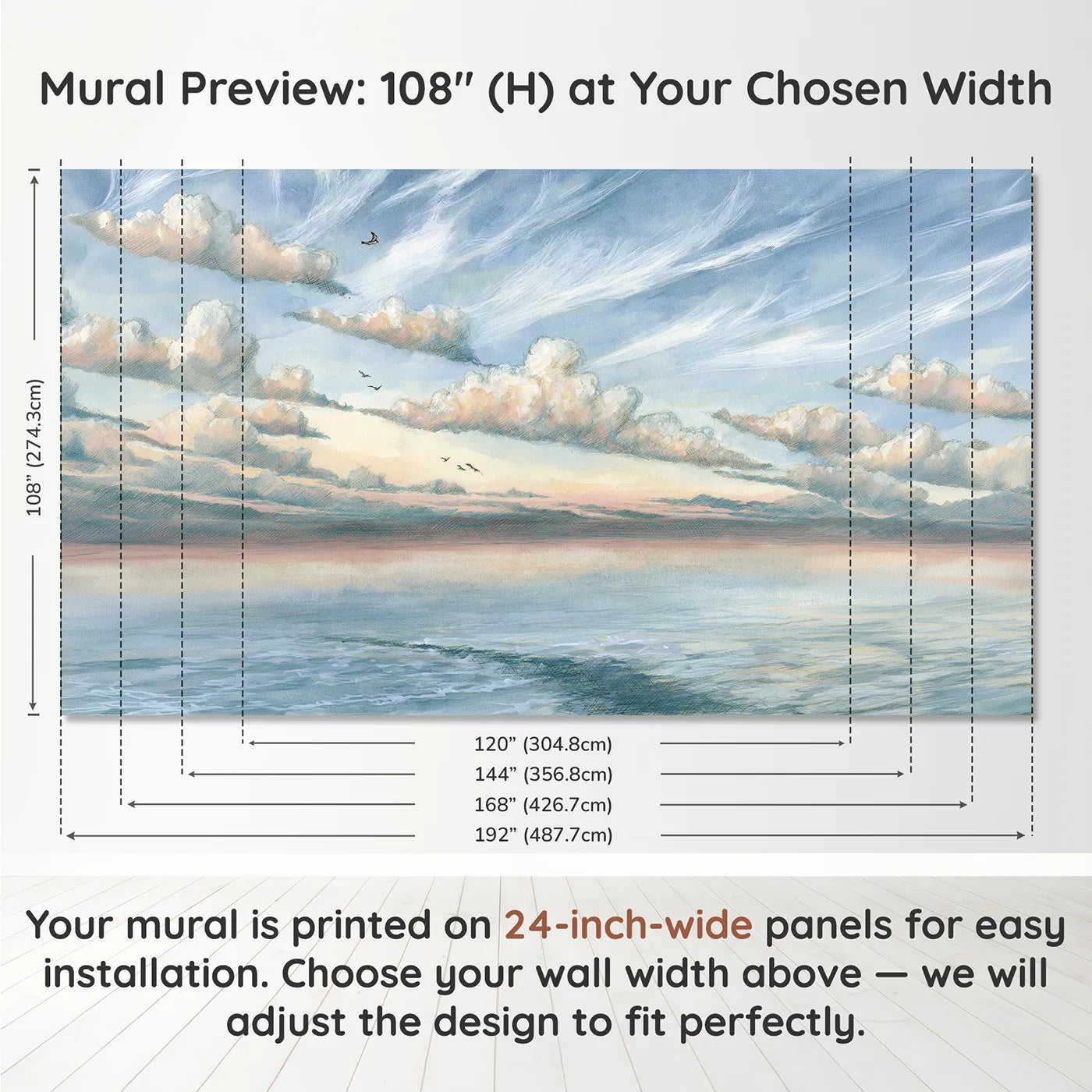 Panel layout and dimensions for Morning Cirrus Wisps Sky Wallpaper Mural by Whimsy Tots