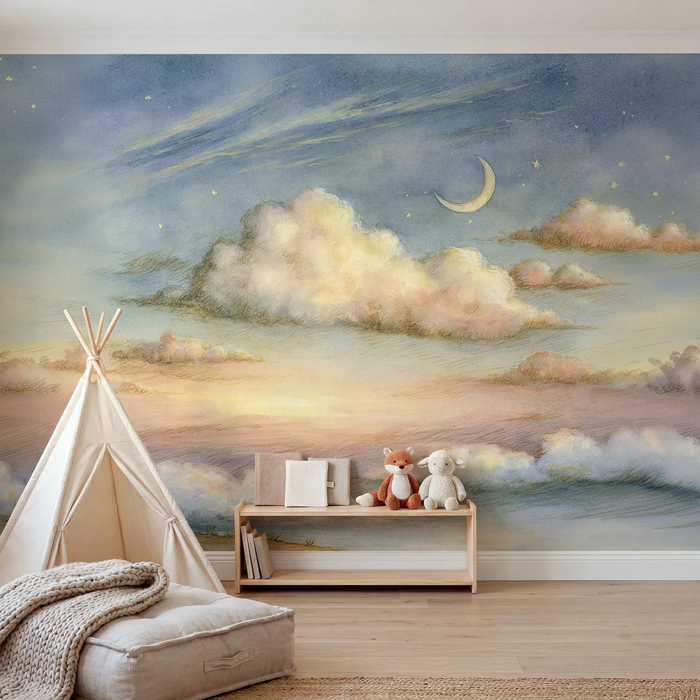 Storybook wall mural of sky friends saying goodnight by Whimsy Tots