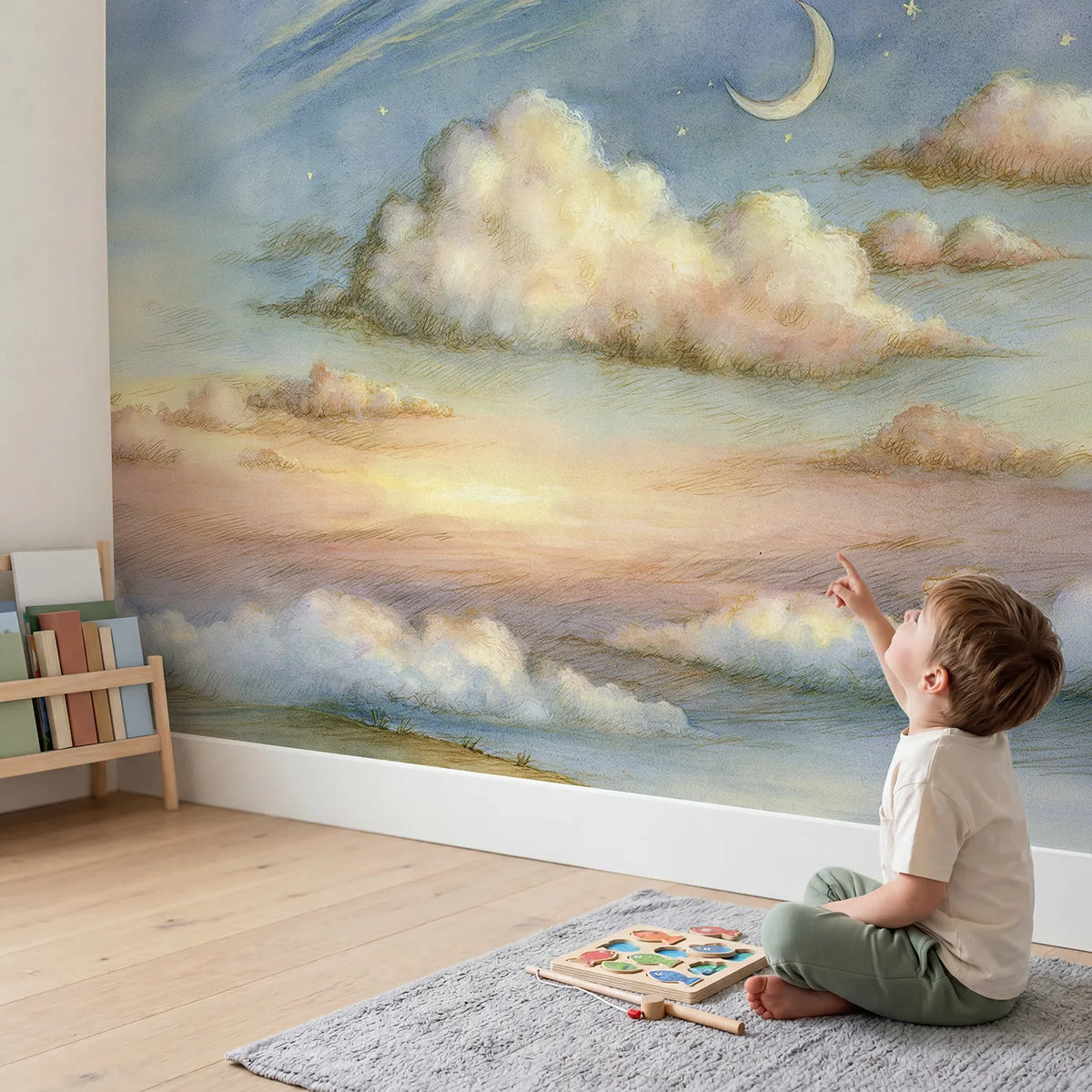 Child in nursery with Dusk Cirrus Wisps Scene Wallpaper Mural by Whimsy Tots