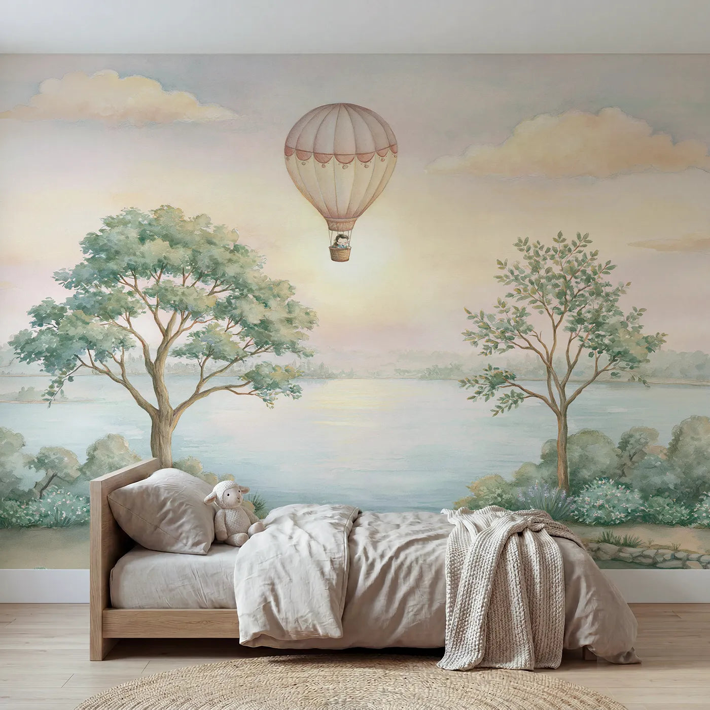 Storybook wall mural of a sleepy nursery balloon by Whimsy Tots