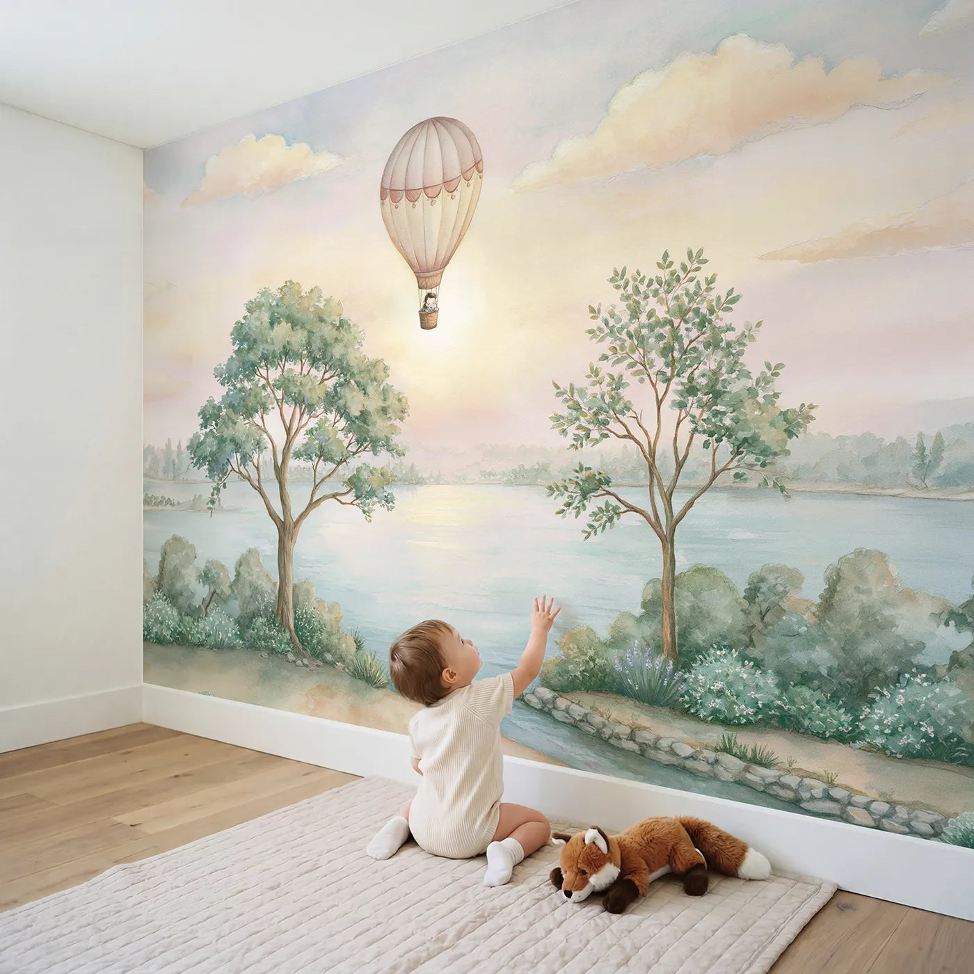 Child in nursery with Sleepy Balloon Nursery Wallpaper Mural by Whimsy Tots