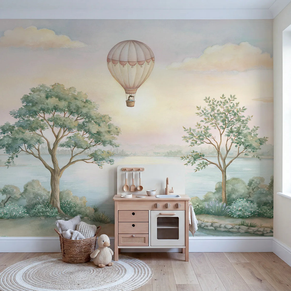 Sleepy Balloon Nursery Wallpaper Mural in playroom setting by Whimsy Tots