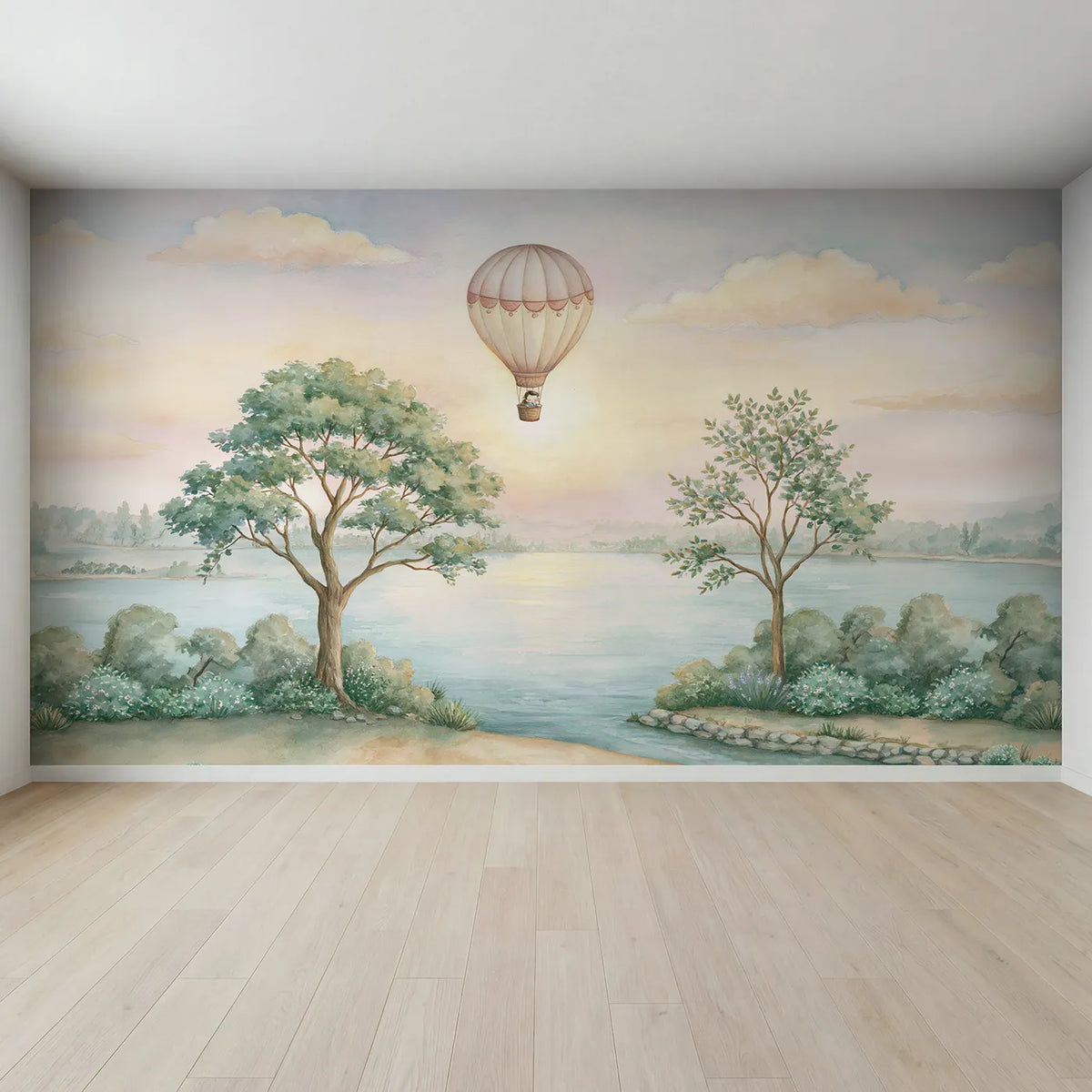 Full view of Sleepy Balloon Nursery Wallpaper Mural by Whimsy Tots