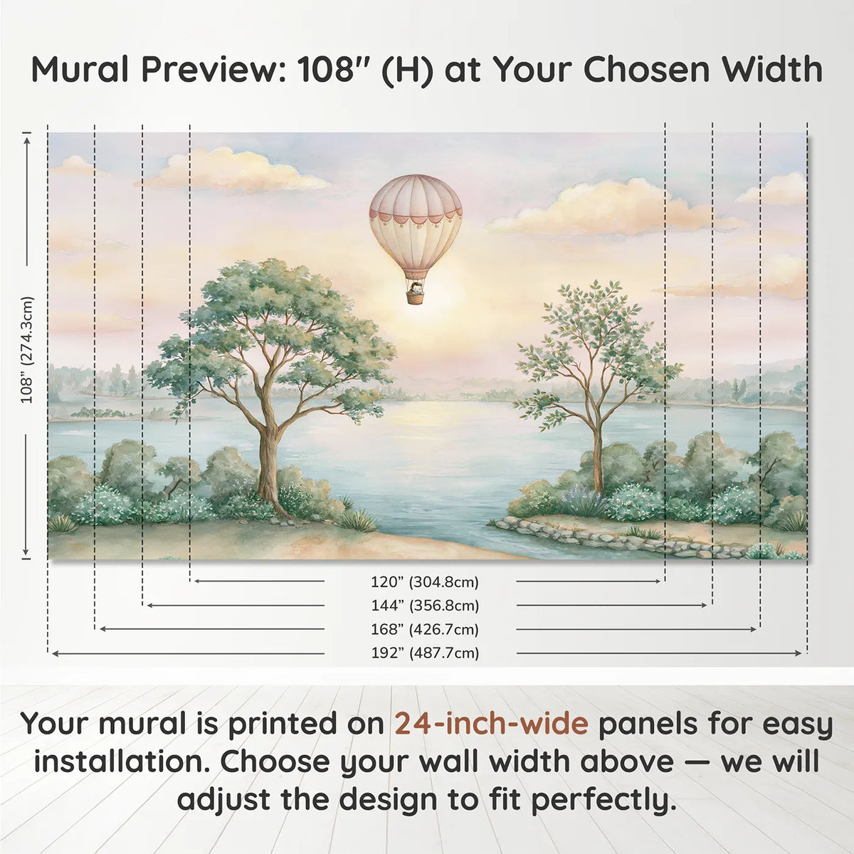 Panel layout and dimensions for Sleepy Balloon Nursery Wallpaper Mural by Whimsy Tots