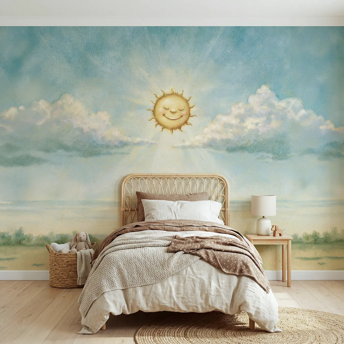 Watercolor wall mural of a happy smiling sun by Whimsy Tots