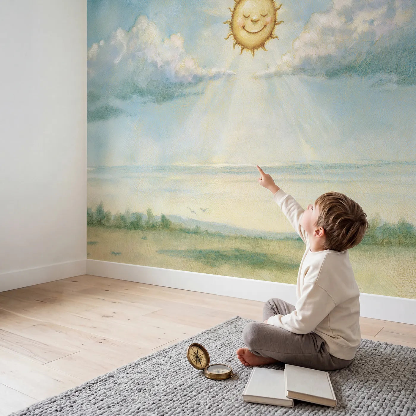 Child in nursery with Happy Smiling Sun Wallpaper Mural by Whimsy Tots