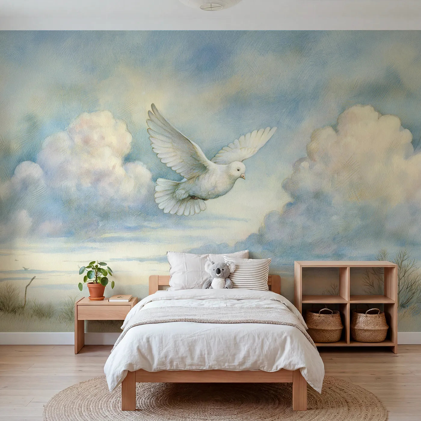 Watercolor wall mural of a gentle gliding dove by Whimsy Tots