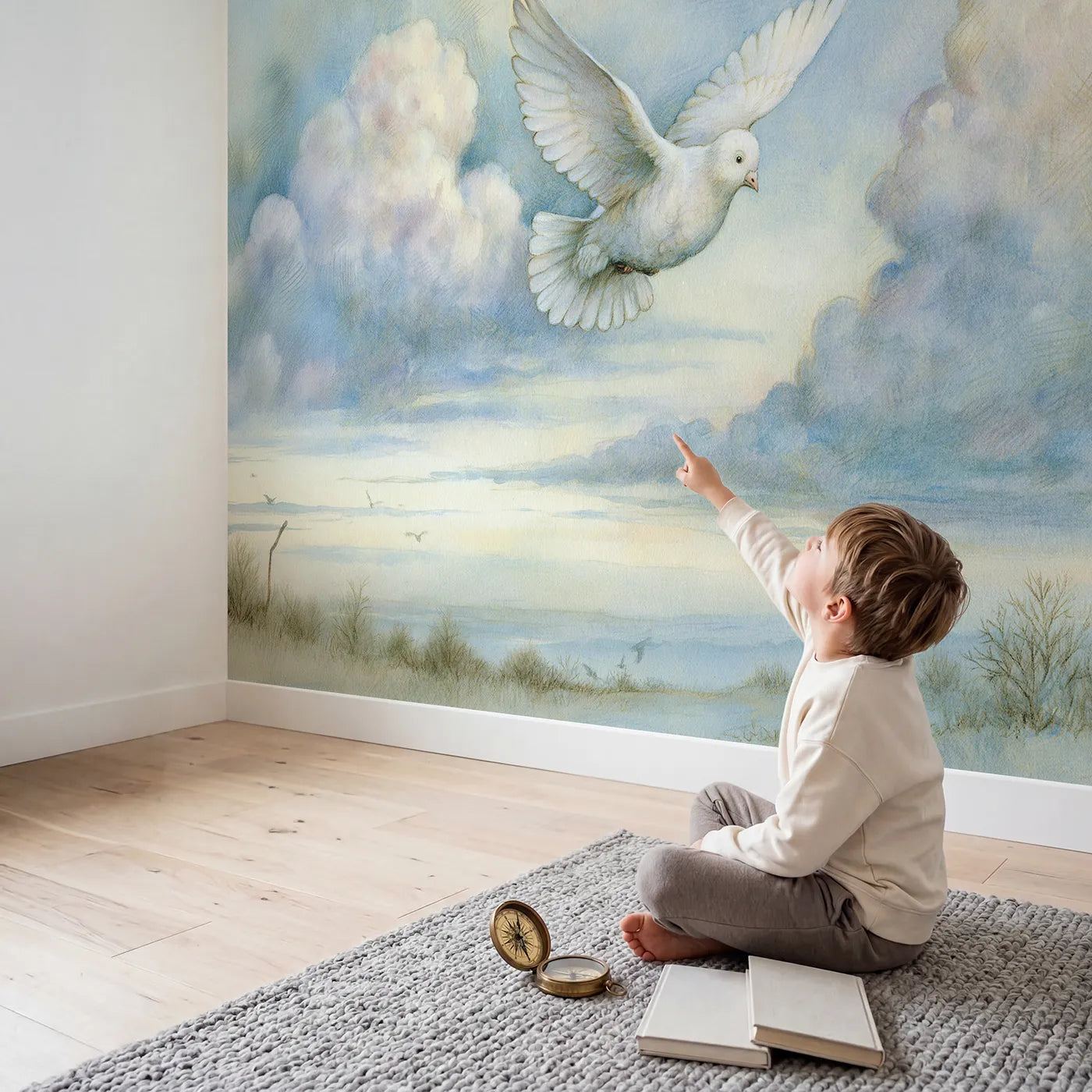 Child in nursery with Gentle Dove Wallpaper Mural by Whimsy Tots